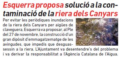 Notícia publicada al número 88 de la publicació L'ERAMPRUNYA (Desembre de 2010) sobre el no comproms de l'Ajuntament de Gavà a construir un dipsit per evitar les inundacions de la Riera dels Canyars amb aigua de les clavegueres